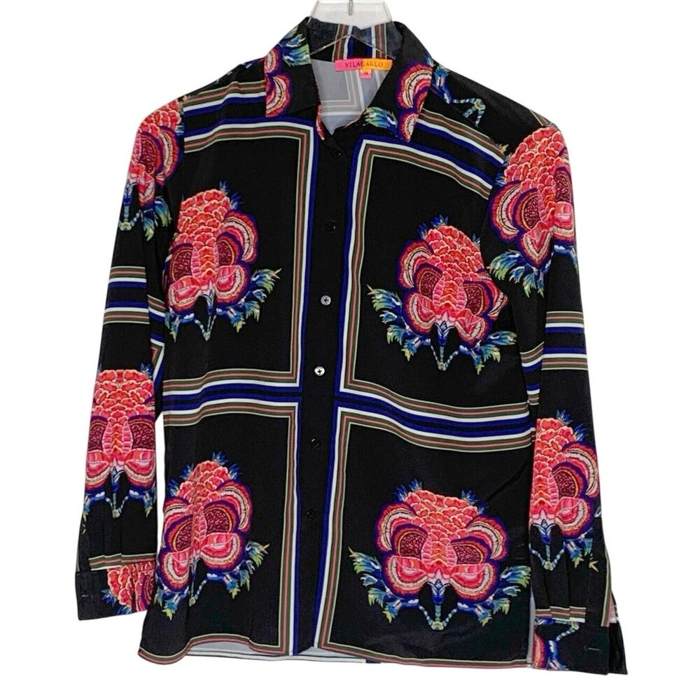 Vilagallo Nadine Black Pink Floral Print Top 38 M Button Front Feminine Chic